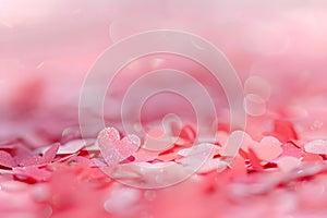 Romantic Pink Heart Confetti on a Light Rose Background, Ideal for Valentine\'s Day. Concept