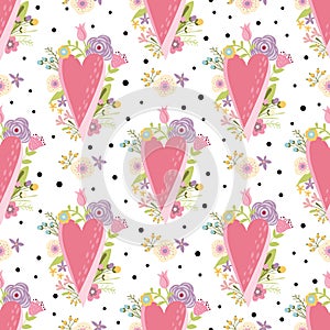 Romantic pink hearts pattern decorated cute flowers. Valentines Day love seamless background