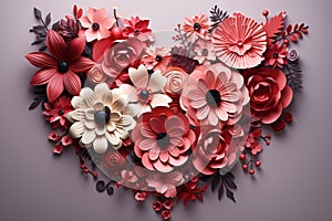Romantic pink paper craft floral heart artwork, Valentines day, marriage and Mothers day concept. generative ai