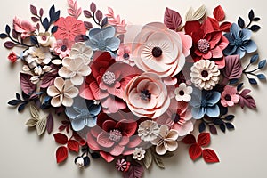 Romantic pink paper craft floral heart artwork, Valentines day, marriage and Mothers day concept. generative ai