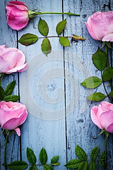 Romantic pink roses floral frame on gray, painted wooden background