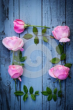 Romantic pink roses floral frame on gray, painted wooden background