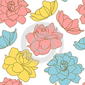 Romantic pink, yellow and blue floral seamless pattern background with Gardenia jasminoides or Cape jasmine flowers.