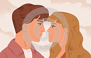 Romantic portrait of couple looking at each other. Man and woman in love together. Scene of passion and tenderness. Flat