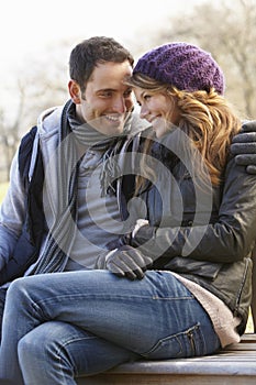 Romantic portrait couple outdoors in winter