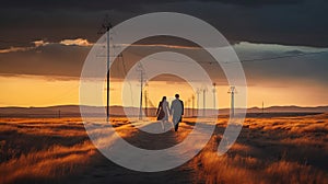 Romantic Post-apocalyptic Landscape: Couple Walking Away From Power Line