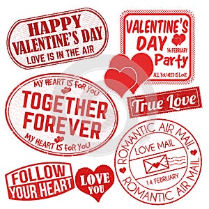 Romantic postal stamps. A set of Valentine`s Day grunge stamps