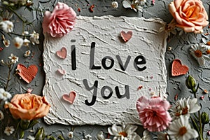 Romantic postcard with tender text I love you and hearts