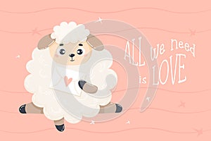 Romantic poster with cute sheep with love letter. Vector illustration in cartoon flat style. Cool horizontal card