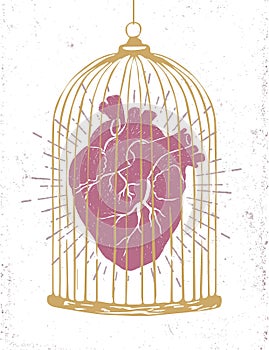 Romantic poster with a human heart in a cage.