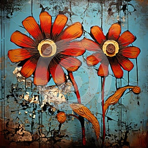 Umenie dve kvety maľovanie na zhrdzavený kov stena 