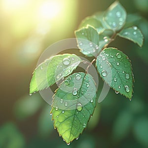 Romantic raindrops Rose leaves with raindrops, solar rays closeup