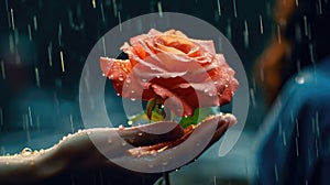 Romantic Raindrops Water Splashing on a Person Holding a Flower