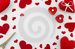 Romantic red flat lay composition on white background. Heart top view. Mockup for your hand lettering greeting card
