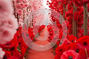 A romantic red garden path lined with red and pink flowers for Valentine\'s Day
