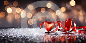 Romantic Red Ribbon Hearts Forming a Loving Connection on Sparkling Bokeh Background, Symbolizing Love and Valentine\'s Day