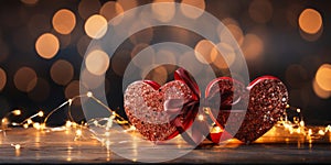 Romantic Red Ribbon Hearts Forming a Loving Connection on Sparkling Bokeh Background Symbolizing Love and Valentines Day