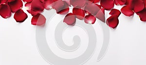 Romantic red rose petals on white background. Flat lay, top view, copy space