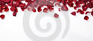 Romantic red rose petals on white background. Flat lay, top view, copy space