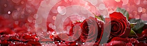 Romantic Red Roses Bouquet for Valentine\'s Day and Weddings with Hearts, Petals, Gift Boxes, and Water Drops on Background