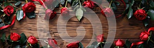 Romantic Red Roses Floral Frame on Wooden Background with Ribbon