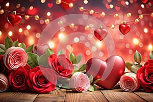 Romantic red roses, hearts, lights, bokeh background