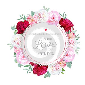 Romantic red, white and pink peonies, alstroemeria lily, eucalyptus leaves round vector frame