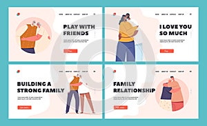 Romantic Relations Landing Page Template Set. Happy Men and Women Embracing and Hugging. Loving Couples Hug, Romance