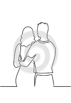 Romantic relationship continuous one line drawing. Romance, young couple in love hug one another vector art