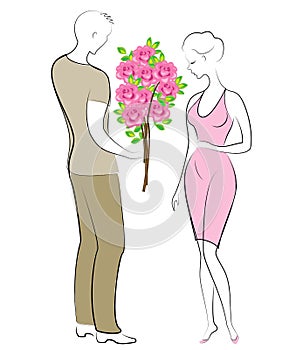 Romantic relationship of happy lovers. A young man and a girl on a date. The guy gives the lady a beautiful bouquet of flowers,