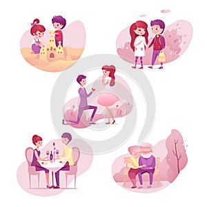 Romantic relationship stages illustrations set isolated on white background