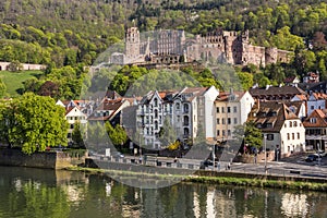Romantic Renaissance Heidelberg castle - landmark of the famous university city, view from the old bridge across Neckar river, G