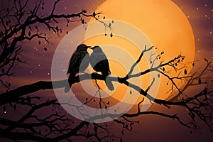 Romantic rendezvous Birds in love silhouetted against a full moon