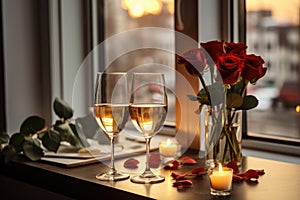 Romantic Rendezvous: Red Roses and Sparkling Wine Await a Toast to Love. Generative AI