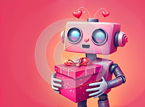 Romantic retro robot with blue eyes holding a Valentine gift over pink background with copy space, generative AI illustration