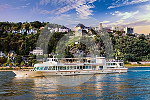 Romantic Rhein river cruises with famous castles valley. Germany