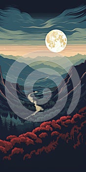 Romantic Riverscapes: A Bold And Panoramic Mountain Scene With A Moon