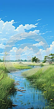 Romantic Riverscapes A Hyper-realistic Anime Art Of A Green Meadow photo