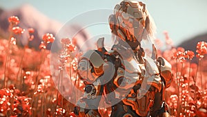 romantic robot girl in shiny golden armor standing in a field of poppies, neural network generated image