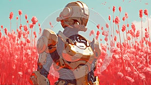 romantic robot girl in shiny golden armor standing in a field of poppies, neural network generated image