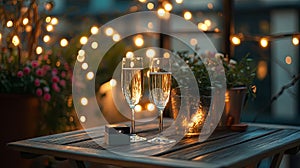 A romantic rooftop dinner with a ring box placed between two champagne