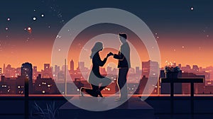 Romantic Rooftop Proposal with City Skyline and Fireworks