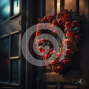 Romantic Rose Wreath on Wooden Door at Dusk photo
