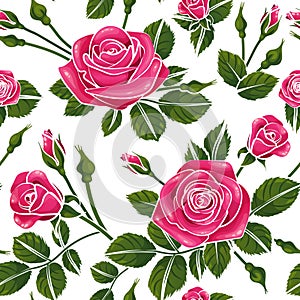Romantic roses seamless pattern with leafs buds and blossom on wallpaper background, repeatable no sew gap illustration