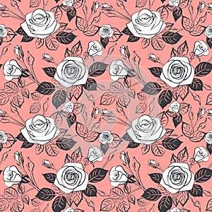 Romantic roses seamless pattern with leafs buds and blossom on wallpaper background, repeatable no sew gap illustration