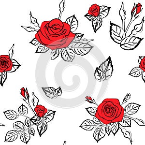 Romantic roses seamless pattern with leafs buds and blossom on wallpaper background, repeatable no sew gap illustration