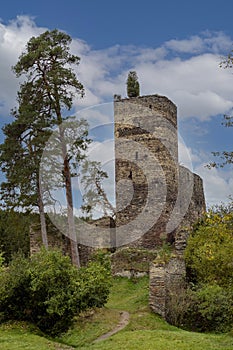 romantic ruins of GutÃÂ¡tejn Castle are located on a rocky watchtower above the forested valley of the Hadovka photo
