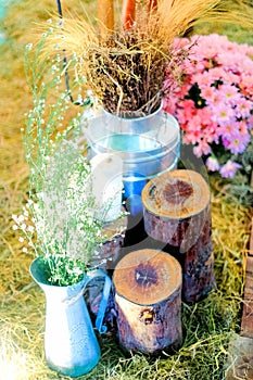 romantic rustic decoration with flowers for weddings, fiancÃ©s, ceremonies