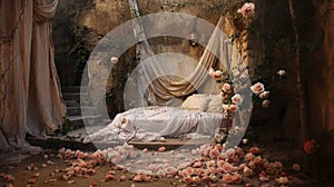 romantic scene of a bed in a decayed building surrounded by roses