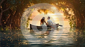 Romantic scene of a couple in a paddle boat - people photography